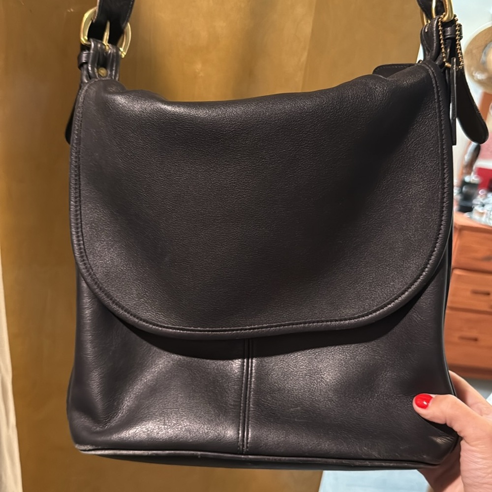 Vintage Coach Black Leather Messenger Bag with Brass Hardware